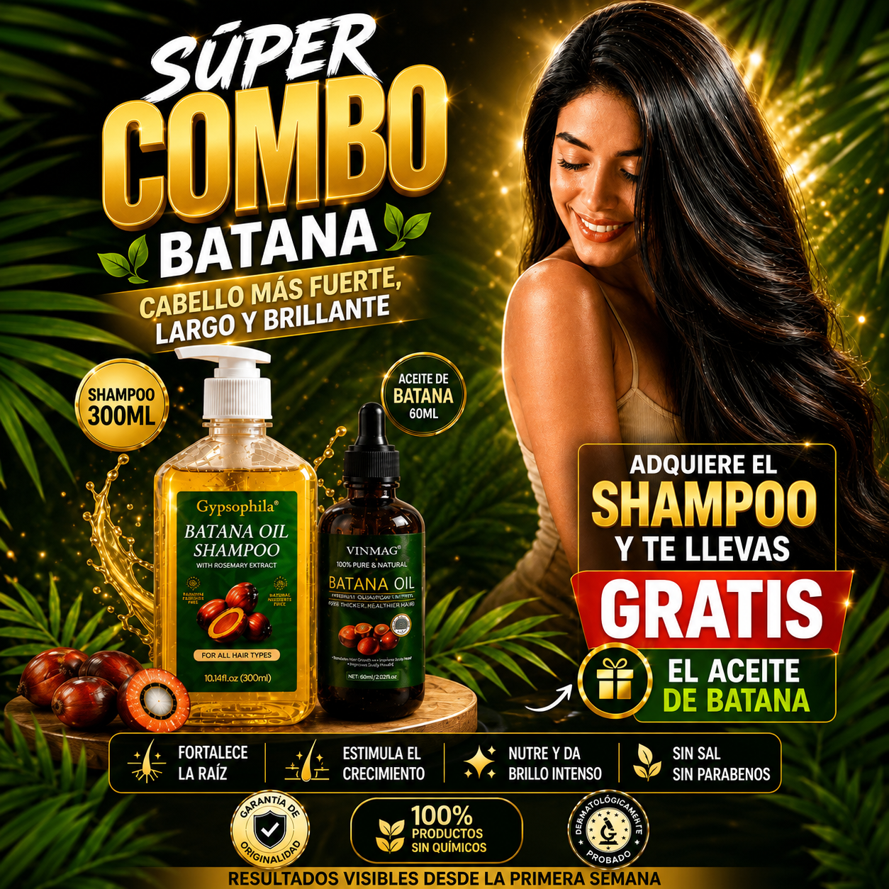 SUPER COMBO SHAMPOO + ACEITE BATANA, 100% NATURAL
